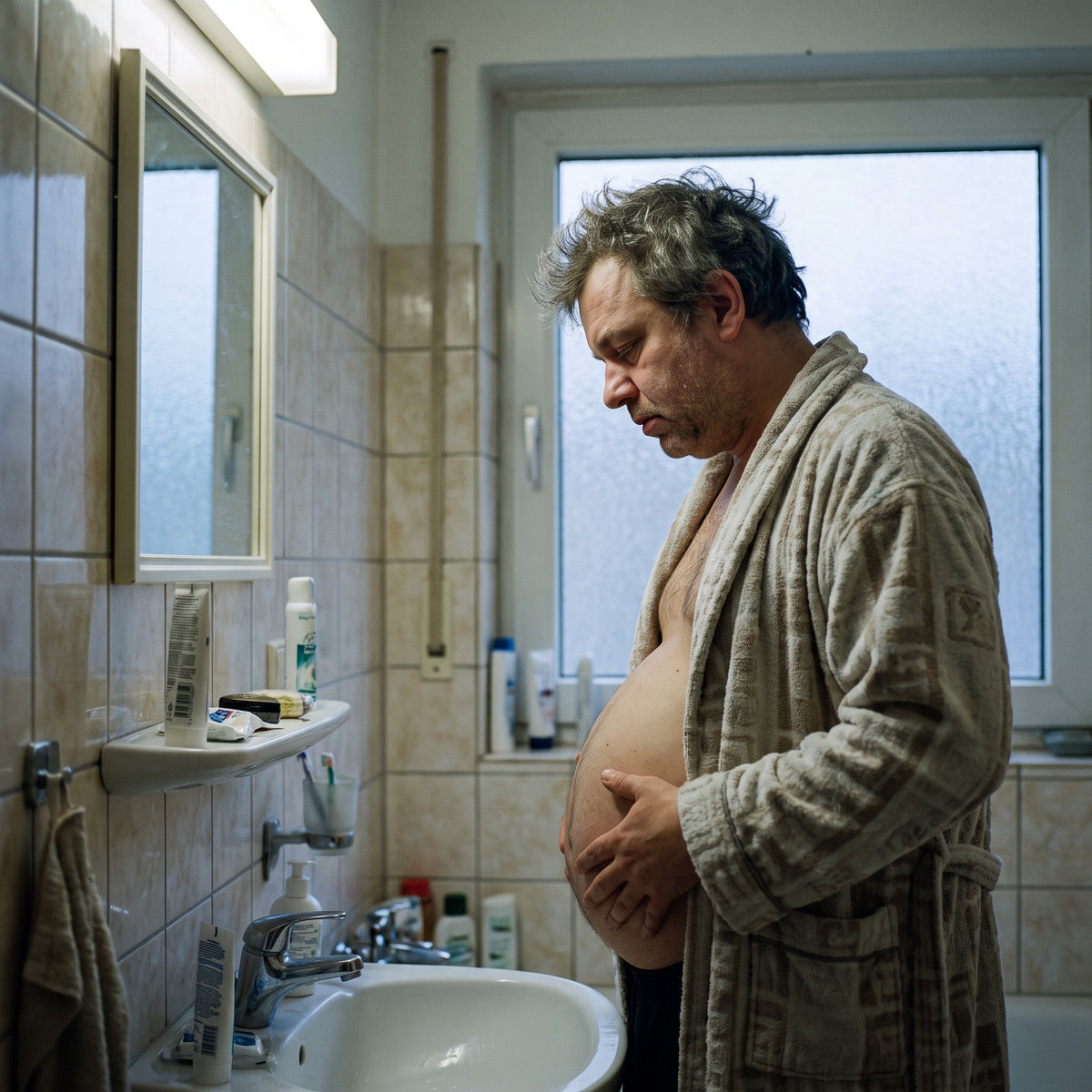 Mann steht morgens im Bad und haelt seinen prallen, gespannten Bauch