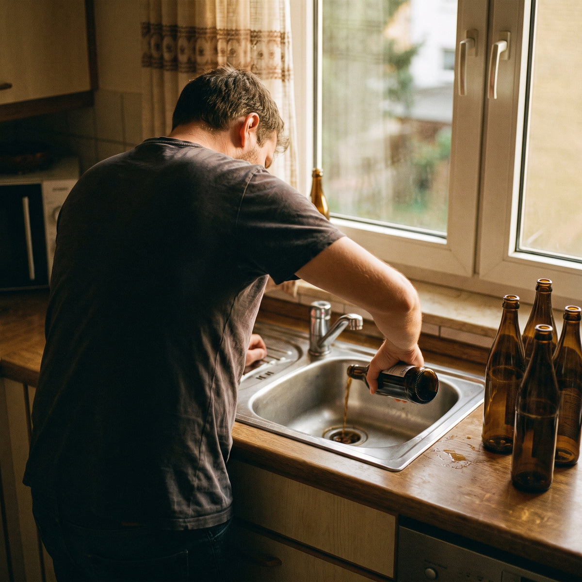 Mann kippt eine Flasche Bier ins Kuechenwaschbecken