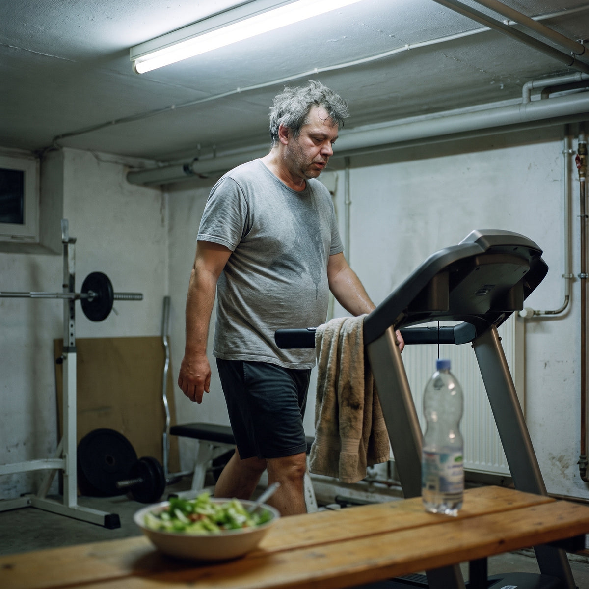 Derselbe Mann schwitzt auf dem Laufband, daneben eine Schuessel Salat