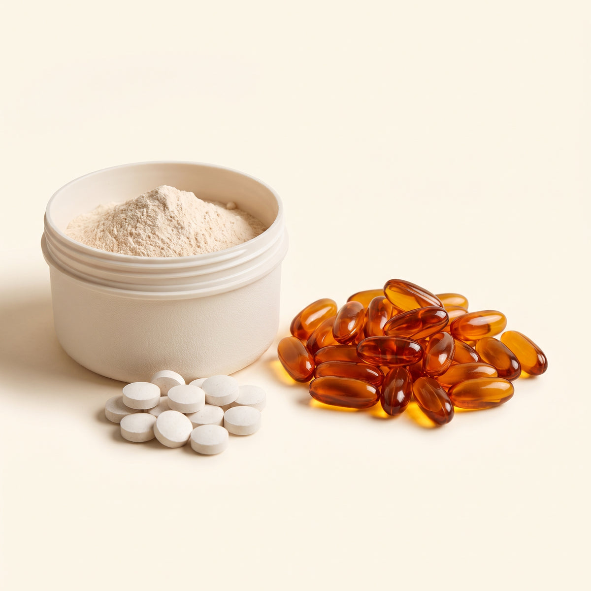 Billiges Pulver und Tabletten neben oel-basierten Softgels