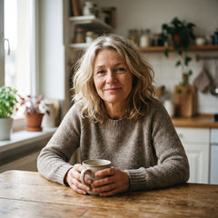 Portrait einer Frau um die 50 am Kuechentisch